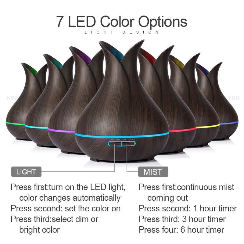 Super Difusor Ultrassônico + Controle Remoto | 400 ml 7 Cores de LED _ 6 Óleos Essenciais